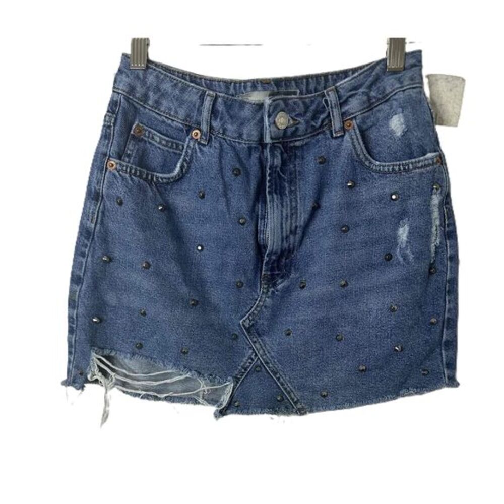 Topshop Moto Mini skirt Womens Size 6 Blue Denim Distressed Studded Jean